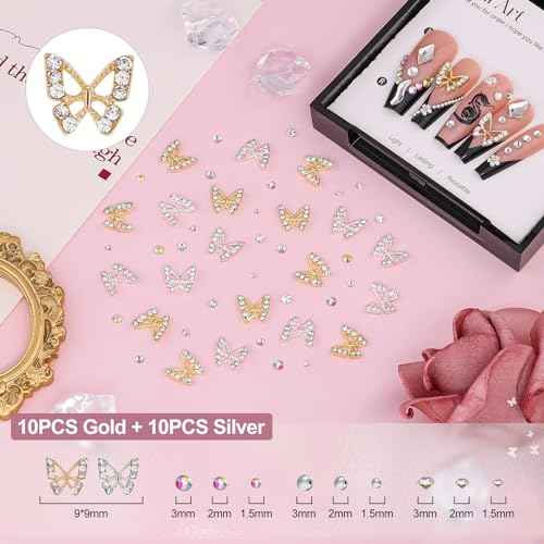 3D Nail Charms and Gems Set 7, 20PCS Chunky Butterfly Charms + 75PCS Coquette Nail Bows and Hearts + 3D Flowers for Nails with Rhinestones, Pearls, Diamonds and Picker Tools for Y2K Nail Decor