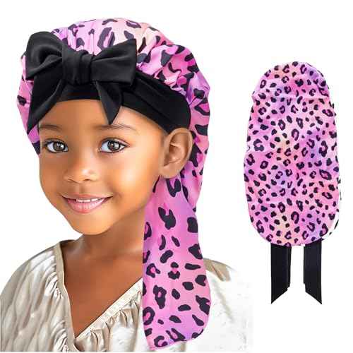 Lolalet Kids Bonnets for Girls, Long Silk Bonnet for Sleeping Kids Satin Bonnet Cap with Tie Band (F -1 Pc, Leopard)