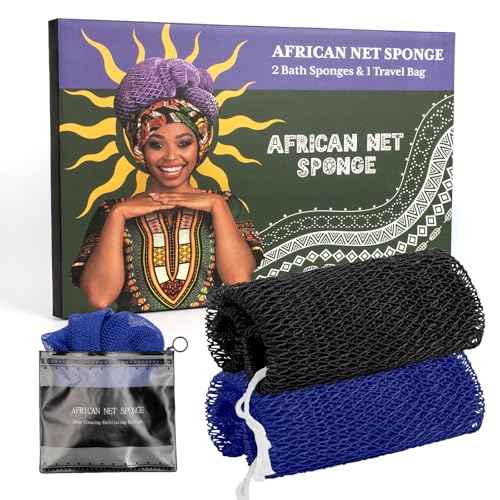 African Net Sponge Authentic with Handles (Set of 2), African Exfoliating Net Sponge, Exfoliating Body Scrubber Bath Sponge - Bathing Accessories with Storage Bag (Blue & Black)