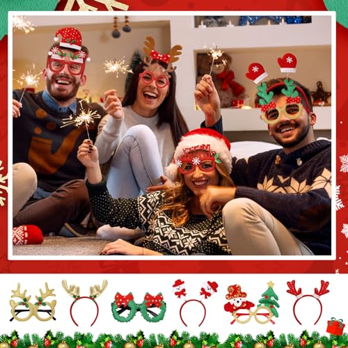 Giegxin 64 Pcs Christmas Glasses Frame and Headbands Set with 32 Cute Party Headband and 32 Funny Eyewear Xmas Hair Headwear for Christmas Xmas Holiday Party Favors