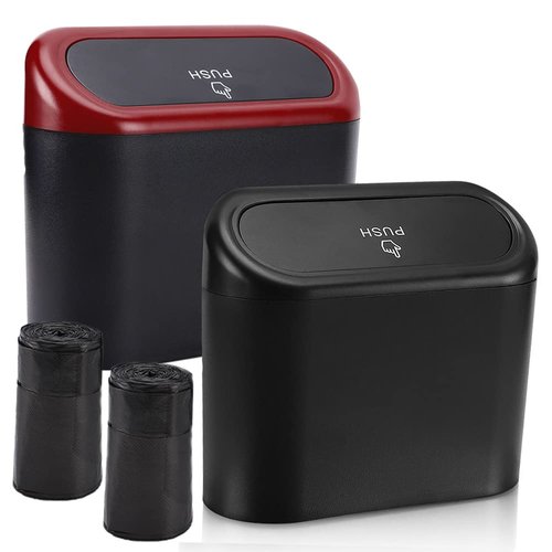 Accmor Car Trash Can with Lid, 2 Pack Mini Auto Dustbin Garbage Organizer Holder, Portable Hanging Wastebasket Trash Container Bin with Plastic Bags for Vehicle, Home, Office (Black+Red)