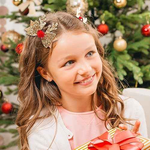 Christmas Hair Clips Glitter Christmas Antler Hairpins Cute Christmas Bow Hair Clips Gold Red Christmas Reindeer Antlers Headband Hairpins Elk Bow Hair Accessories for Women Girls Party Costume 4PCS