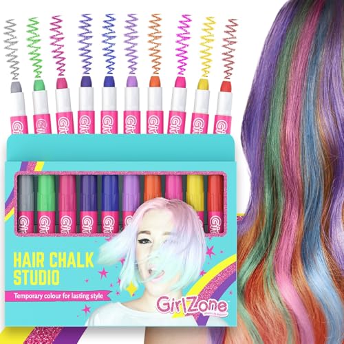 GirlZone Hair Chalks Set, 10-Piece Temporary Hair Chalk For Kids, Easy to Apply and Remove Temporary Hair Color for Kids Dress Up Parties, Role Play, Gift-Ready Vibrant Girls Hair Chalk Set