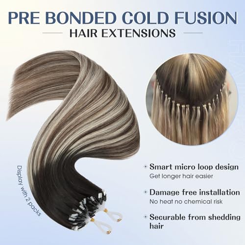 Hairro Microlink Human Hair Extensions Remy Highlight Pre Bonded Cold Fusion Keratin Glue T Tip Hairpieces For Women 22 Inch 50g 50 Strands #1BT4P60 Natural Black to Medium Brown&Platinum Blonde