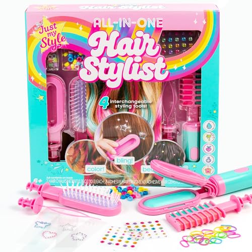 Just My Style All-in-One Hair Stylist, 4-in-1 Styling Tool with Gem Stamper, Beader, Chalk, and Brush - Fun Hair Accessories for Girls 8-12
