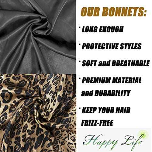 2 Pcs Hair Bonnets for Women Satin, Black Leopard Soft Elastic Band Silky Sleeping Cap Big Bonnets for Women Bonnet for Braids