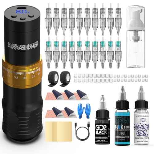 Wormhole Tattoo Wireless Tattoo Gun Kit with 1/2 OZ Xtreme Tattoo Ink 1,500 mAh Capacity Battery, 20PCS Tattoo Needles, Complete Tattoo Machine Kit Wireless Tattoo Pen for Tattooists WTK383