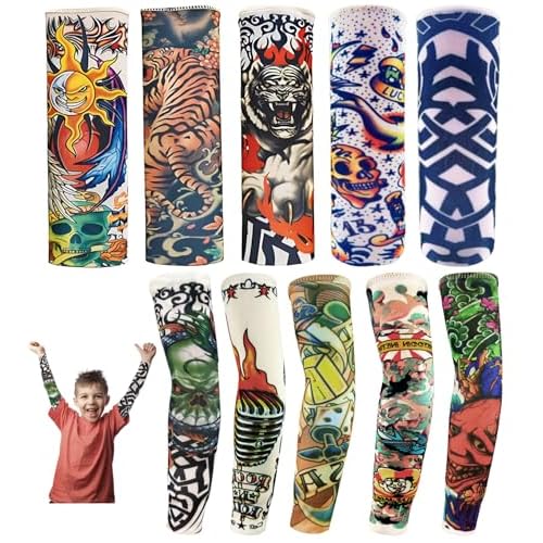Kids Tattoo Sleeves for Boys Grils, Temporary Arm Tattoo Sleeves for Children, Fake Slip On Sunscreen Cooling Arms Sleeves,10 Pcs, Aged 5,6,7,8