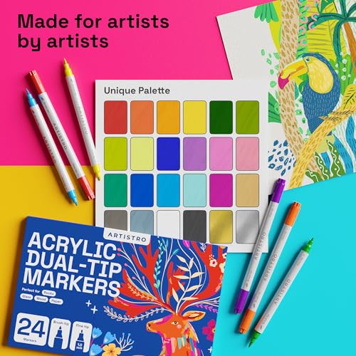 ARTISTRO 24 Dual Tip Brush + Fine Acrylic Paint Pens Ideal for Calligraphy - Paint Markers for Fabric, Rock, Glass, DIY - Stocking Stuffers, Christmas Gift Idea for Teens, Grandkids, Kids