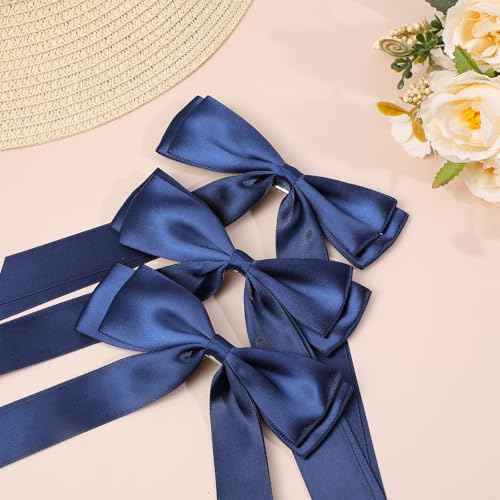 3PCS Navy Blue Hair Bows with Alligator Clips ? Elegant Satin Ribbon Hair Accessories for Women & Girls, Long Tail Bow Clips for Ponytail & Hairstyles