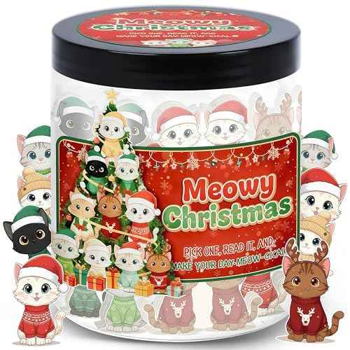 Positive Cat Christmas Jar with 60 Affirmation Cards, Cat Lover Gifts for Women Friends Sisters Teens, Ornament Decorations, Stocking Stuffers, Cat Christmas Tree Gifts, Cat Advent Calendar