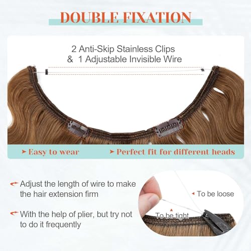 Benehair Halo Hair Extensions Real Human Hair, Brown Halo Hair Extension 100% Human Hair, Wavy Halo Extensions Human Hair, Curly Halo Extensions, Wire Hair Extension, Light Brown 65g/18inch