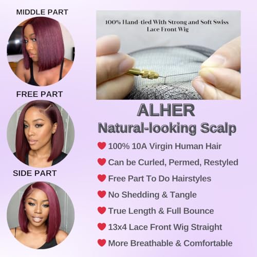 ALHER Short Bob Wig 99J Dark Burgundy, 12A Straight Small Cap 13x4 Lace Frontal Wigs Human Hair Pre Plucked With Baby Hair, Small Cap Wig Size 21-21.5 180% Density for Black Women 10 Inch