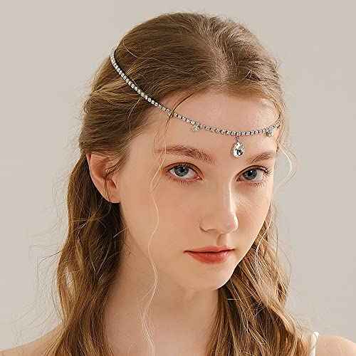 Missgrace Bridal Women Simple Silver Shining Rhinestone Waterdrop Head Chain Headband Headpiece Boho Tassel Forehead Wedding Prom Praty Halloween Hair Chain Accessories for Women