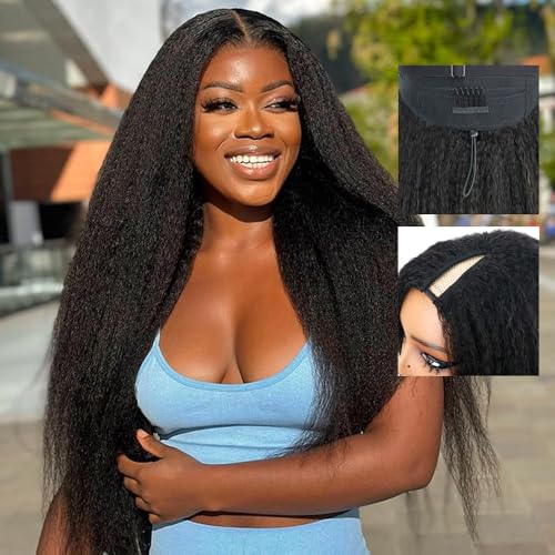 Cheetahbeauty Kinkystraight V Part Wig Human Hair with Elastic Drawstring 18 Inch No Leave Out Lace Front Wigs Upgrade Glueless U Part Wigs 180% Density Yaki Straight Half Wigs for Women Natural Color