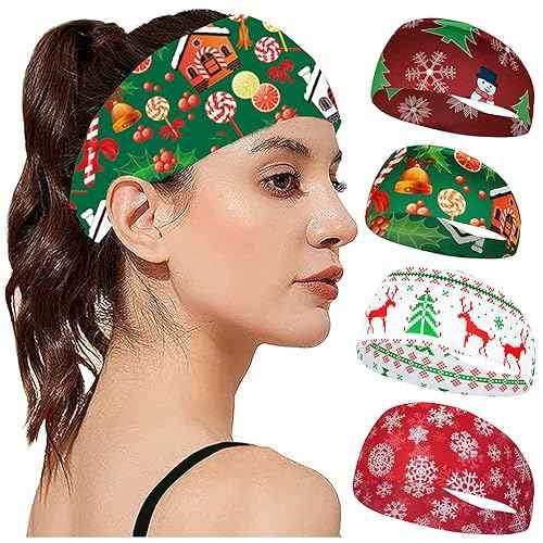 SELF FIND 4pcs Christmas Headbands for Women - Wide Santa Claus & Snowman Deer Tree Knot Turban Xmas Elastic Hair Bands (4 pcs)