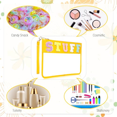 Nuanchu 9 Pcs Clear Chenille Letter Bag Stuff Pouch PVC Waterproof Preppy Cosmetic Makeup Bag Snack Travel Beach Pouch with Wrist let for Teen Women Gifts Operation Christmas Gifts Items