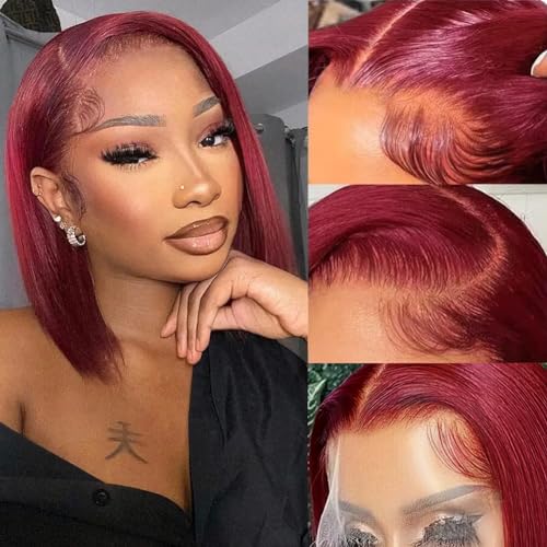 Flady 99j Burgundy Bob Wig Human Hair 13x4 Bob Lace Front Wigs Human Hair Pre Plucked 150% Densiy HD Transparent Lace Frontal Wigs Human Hair for Women Glueless Short Bob Wigs 10 inch