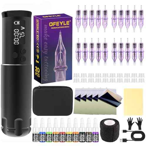 Wireless Rotary Tattoo Machine Kit with LED Display, 20PCS Tattoo Needles & Ink Set for Beginners