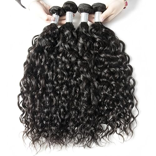 Brazilian Water Wave with Lace Closure - Wet and Wavy Hair, Deep Curly Human Hair 5 Bundles (50g/bundle) with 4x4 Lace Closure (16/16/16/16/16+16")