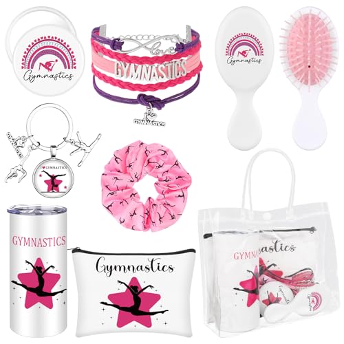8 Pcs Gymnastics Party Favor Set Gymnastic Stuff Makeup Bag 15oz Water Cup Bracelet Keychain Scrunchies Mini Compact Mirror Gymnastics Gifts for Girls Women Gymnast Lover Yoga Sport Lovers Team Gift