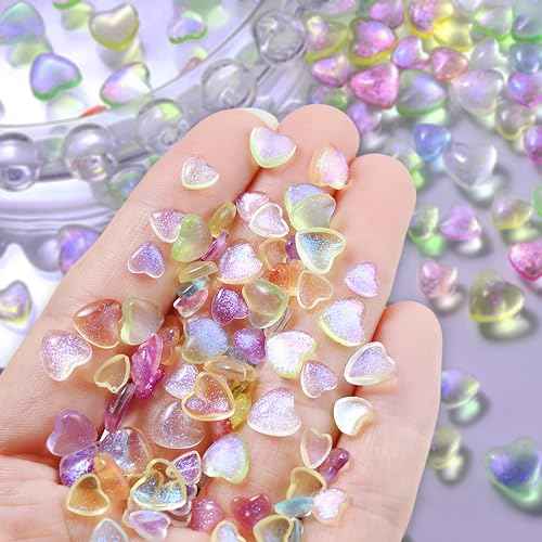 300Pcs 3D Aurora Heart Nail Charms 3D Mixed Size Love Hearts Nail Rhinestones Jelly Resin Colored Peach Hearts Jewelry Diamonds for Acrylic Nails Valentines Aurora Gradient Heart Nails Gems for Women