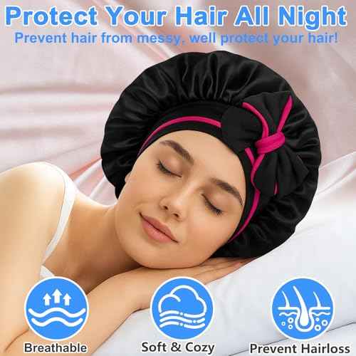 Reversible Silk Bonnet for Sleeping Women - Double Layer & Color Satin Bonnet, Adjustable Hair Cap for Curly & Textured Hair (Rose Red & Black)