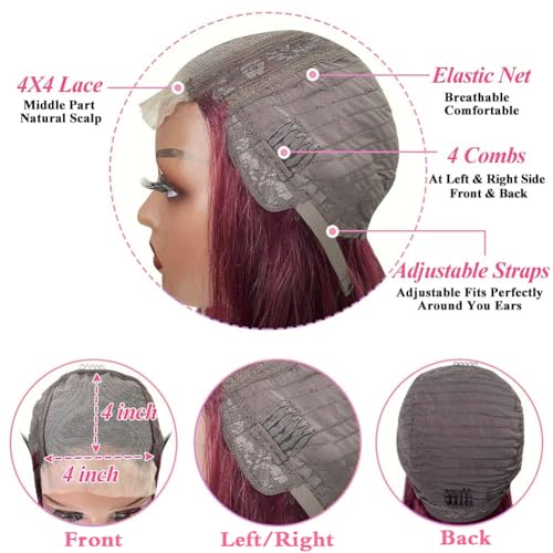 Burgundy Bob Wig - Glueless, Pre-Plucked 150% Straight 4x4 Lace Front Wig, 12 Inch
