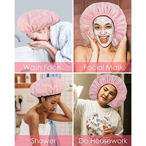 Auban Shower Cap, Shower Cap for Women Terry Cloth Lined EVA Exterior Reusable Double Layer Waterproof, Large Bath Hair Cap, Hotel Travel Essentials Accessories Cleaning Supplies(Pink)