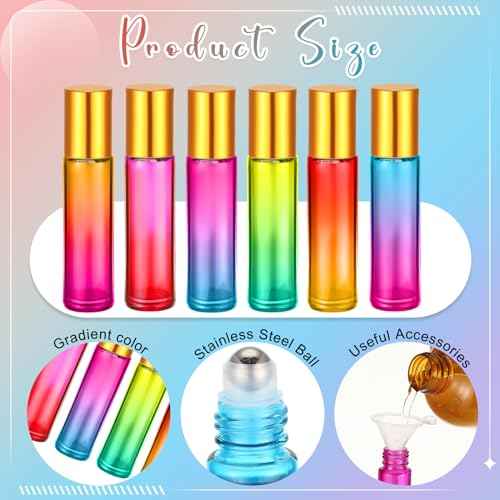 96 Pcs Essential Oil Roller Bottles 10ml Empty Glass Roller Bottles with Stainless Steel Balls Protection Leakproof with 5 Funnel for Travel Perfume Lip Gloss(Gradient Color)