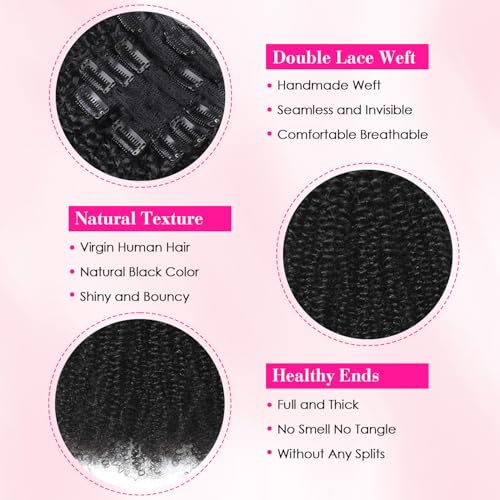 Afro Kinky Curly Clip In Hair Extensions Human Hair for Black Women 8Pcs 20 Clips Brazilian Virgin Remy Hair 4B 4C Natural Black Double Weft Thick Ends 120g Soft & Scalp-Friendly 22 Inch