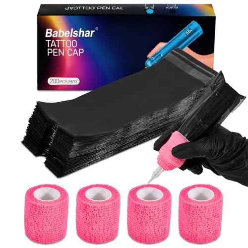200Pcs Black Tattoo Machine Covers & 4 Pink Grip Tape, 7.2 X 2.5 Inch Disposable Professional Sealable Tattoo Pen Covers Supplies and Accessories