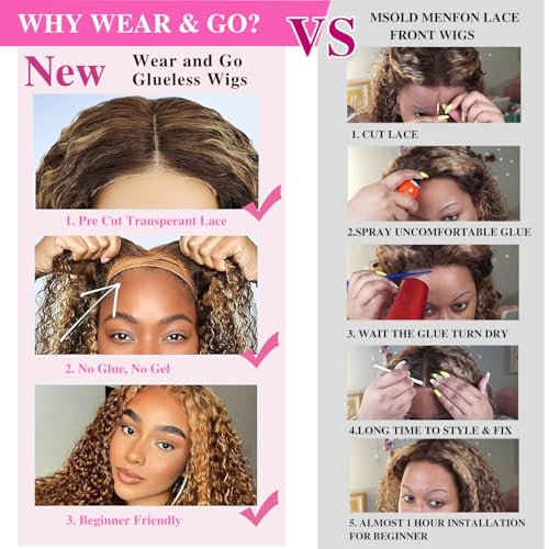 Wear and Go Glueless Wigs Human Hair Highglight Ombre Honey Blonde Curly Bob Wig 5x5 HD Pre Plucked Pre Cut Lace Closure Deep Wave Wig for Beginners Wet and Wavy Lace Front Wigs 16 Inch