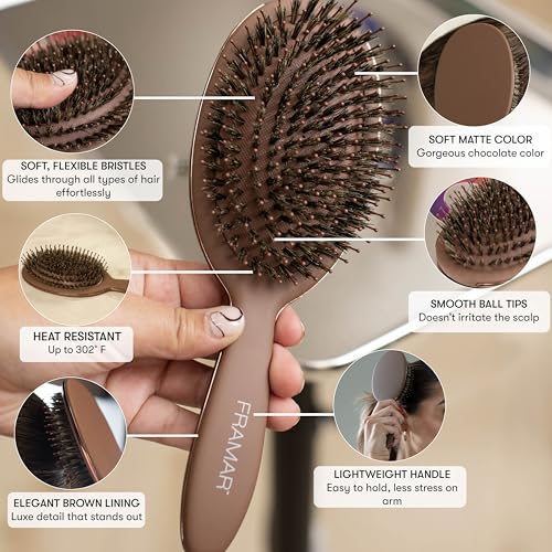 FRAMAR Soft Boar Bristle Hair Brush For Women ? Boars Hair Brush For Women, Boar Brush For Fine Hair, Hairbrush For Fine Hair, Soft Bristle Brush For Slick Back, Volume and Shine - Chocolate