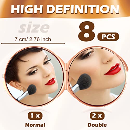 8 Pcs Rose Gold Compact Mirror Bulk, Metal Round Shell, 1x 2X Magnification Double Sided, Portable, Folding, Mini Travel Pocket Mirror for Women Girls Party Favor Bridesmaid