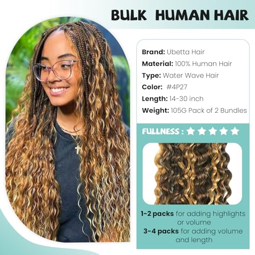 Human Braiding Hair Deep Water Wave Bulk Human Hair 4/27 Wet and Wavy Human Hair Bundles for Braiding No Weft 12A Brazilian Virgin Human Braiding Hair for Boho Braids 2 Bundles/Pack 30 Inch 100G