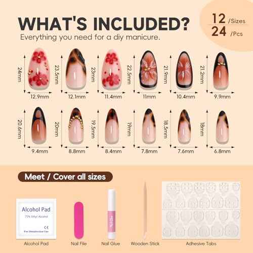 Medium Almond 3D Brown Gold Flower Press on Nails-? Tortoiseshell Leopard French Tip Blossom Gradient Design,24Pcs Handmade Fall/Autumn/New Year Glue on Acrylic Fake Nail Press ons for Women