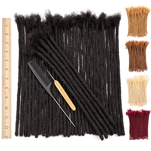 DAIXI 12-14inch 30 Strands 100% Real Human Hair Dreadlock Extensions for Man/Women Full Head Handmade 0.8cm Crochet Braids Soft Dreadlocks Bulk with Needle and Comb (12-14 inch, Natural Black)