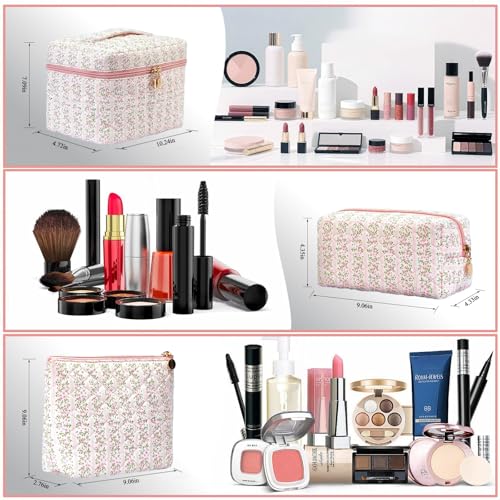 3Pcs Quilted Floral Makeup Bag Cosmetic Bag for Women Teen Girls,Cute Pink Make Up Bags,Aesthetic Large Cotton Cosmetic Pouch,Flower Coquette Travel Toiletry Organizer Storage Bag