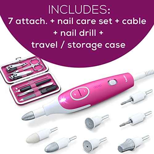 Beurer MP44 Professional Manicure and Pedicure Nail Drill Set, E-File with 7 attachments, LED Light, Electric Nail File with Additional Manual Nail kit, Pink
