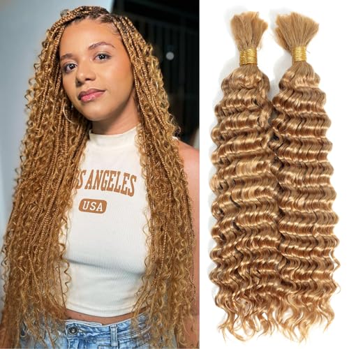 Urbeauty Human Braiding Hair #27 Color, Deep Wave Bulk Human Hair for Micro Braiding No Weft, Curly Human Hair for Boho Braids, Knotless/Goddess/Bohemian/Gypsy/18/20 Inch 100gram