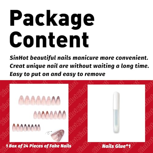 SINHOT Press on Nails Medium Almond Fake Nails Glossy Glue on Nails 3D Brown Chrome Acrylic Nails Stiletto Artificial Nails French Tip Stick on False Nails with Design 24 pcs