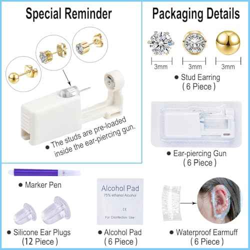 Ear Piercing Kit Disposable Ear Piercing Gun Kit with Sterile Multi-sized CZ Earring Studs Easy and Safe Earring Self Piercing Kit for Your Own Use at Home