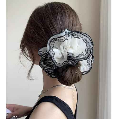 2 Pieces Lace Organza Scrunchies Large Hair accessories for Women girls Elegant lace hair ties ponytail thick curly hairs (Black)