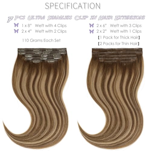 Lacer Hair Natural Balayage Hair Clip in Extensions Invisible PU Skin Weft 20 Inch Ombre Chocolate Brown to Caramel Blonde 7pcs 110g Seamless Silky Straight Hair Extensions Clip in Full Head R#4-4/27