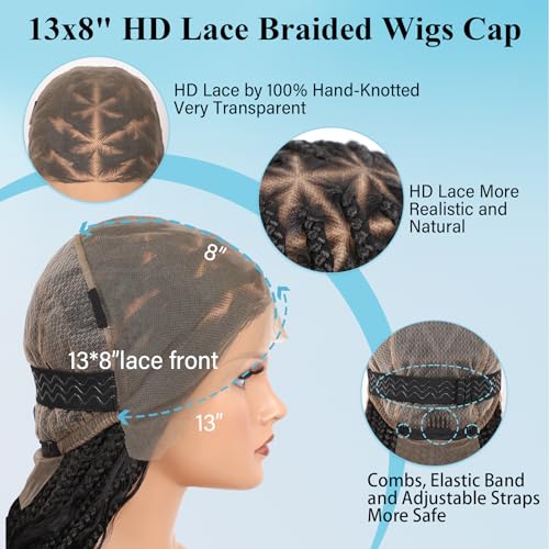 13x8'' HD Lace Front Boho Braided Wig Knotless Braided Wigs for Black Women Box Braid Wig Premium Synthetic Braided Lace Front Wig with Baby Hair Long Black 36 Inch