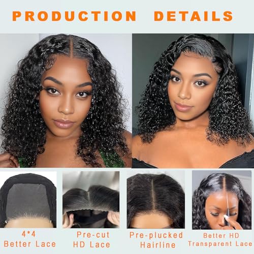 JCL Glueless Wigs Human Hair Pre Plucked Pre Cut 10 Inch Curly Human Hair Wig 4x4 HD Lace Closure Wigs Glueless Wear and Go Bob Wig Human Hair for Black Women Deep Wave Lace Front Wigs