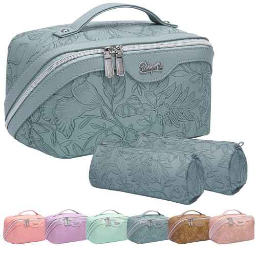 BOYATU Travel Makeup Bags Cosmetic Organizer Bag: 3-Set Large Capacity Make up Bag - PU Leather Toiletry Bags for Women - Wide Open Portable Pouch with Divider & Handle (01-Light Blue)