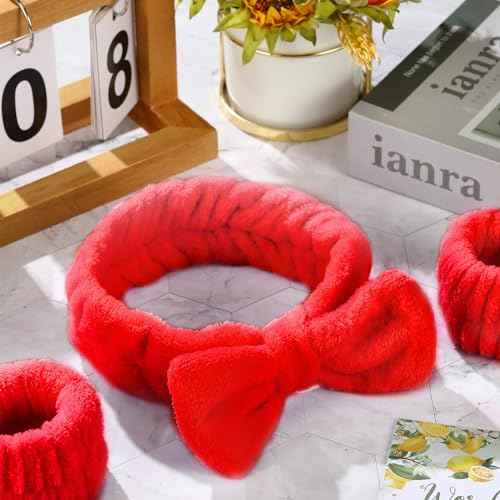 Hanaive 3 Pcs Face Wash Headband and Wristband Set Bow Spa Headbands Face Wash Arm Cuffs for Women Makeup Skincare Bath Headbands Wrist Bands for Washing Sleepover Party Supplies(Red)