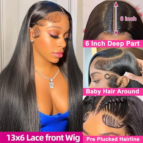 13x6 Lace Front Wigs Human Hair Pre Plucked 22Inch Straight Lace Front Wigs Human Hair 180% Density Wigs For Black Women Wigs with Baby Hair Natural Black